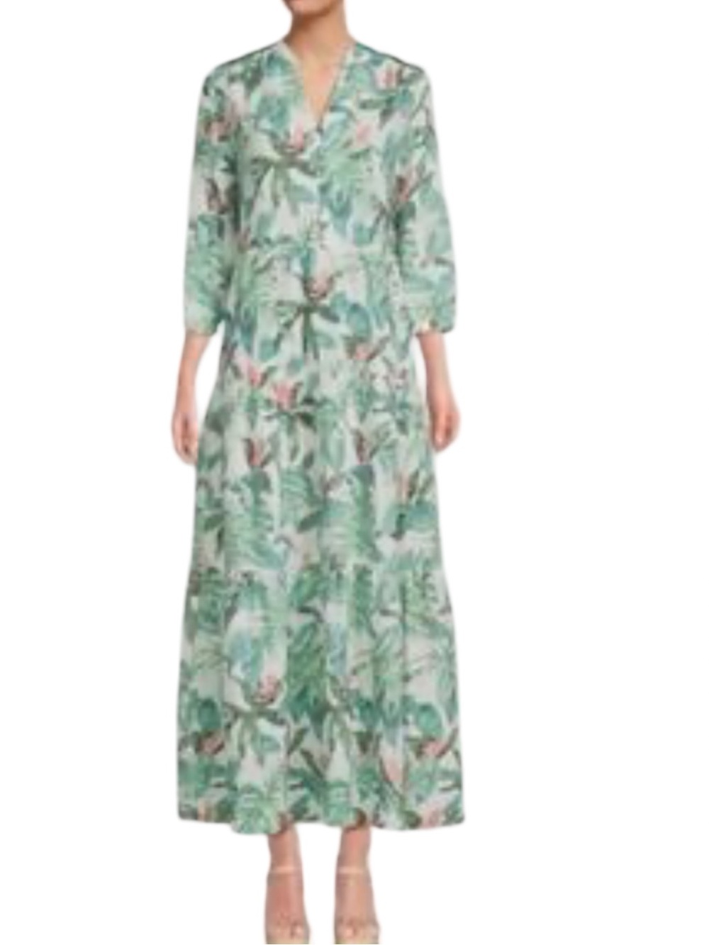 New J. McLaughlin Cunningham Green Tropical-Print V-Neck Maxi Dress Ruffle Hem L - Picture 2 of 9